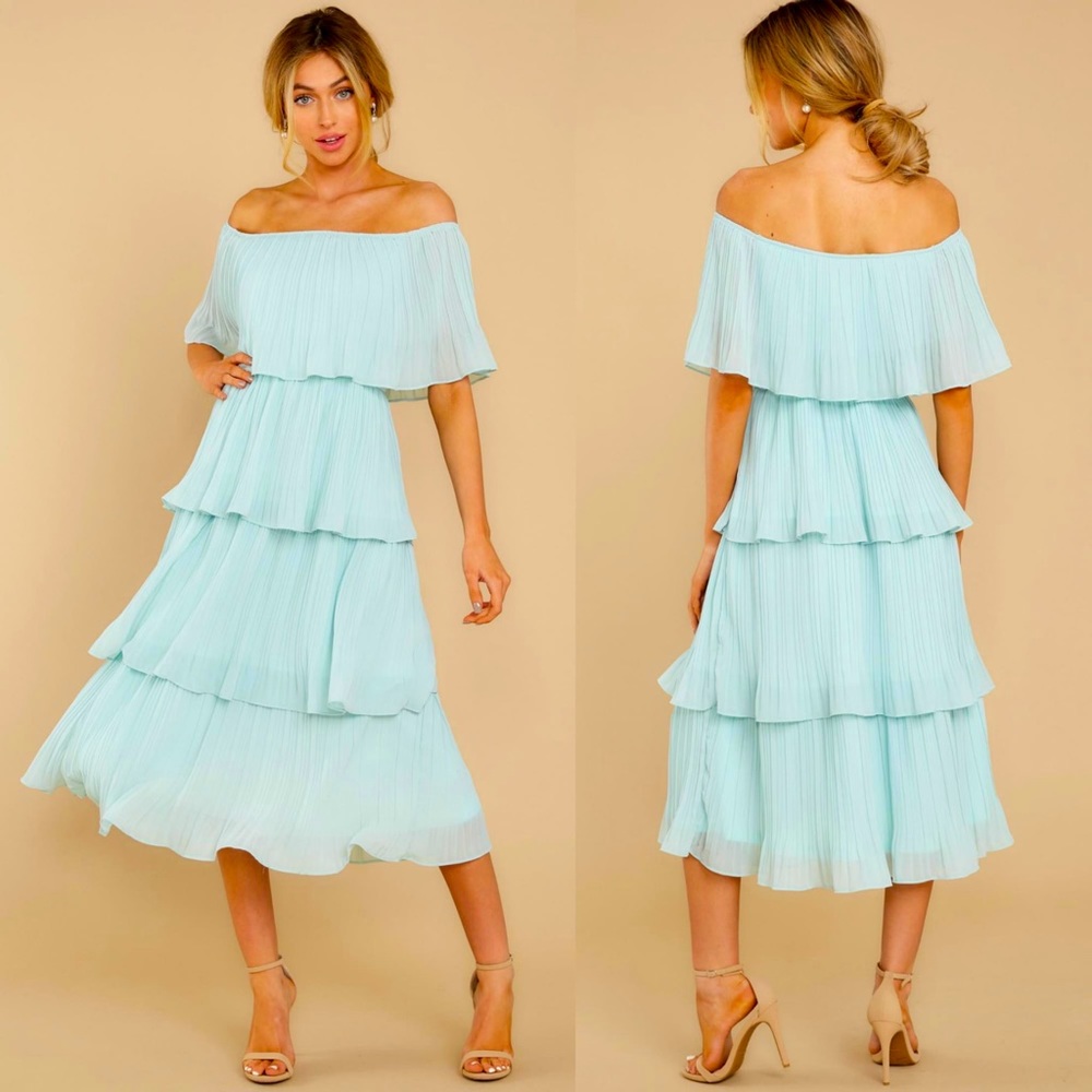 Opal blue ruffle midi dress